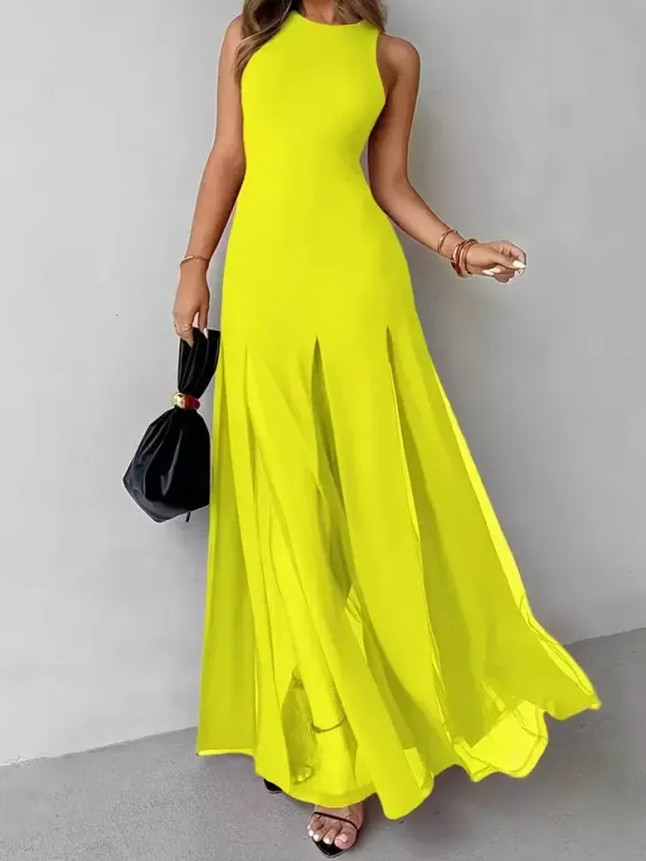 Party Dress Maxi Orange Jewel Neck Pleated Sleeveless Elegant Semi Formal Dress