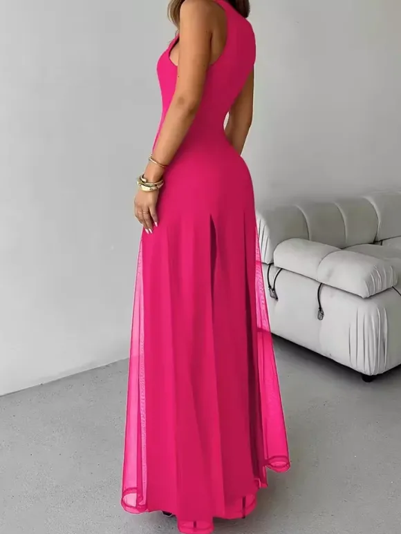 Party Dress Maxi Orange Jewel Neck Pleated Sleeveless Elegant Semi Formal Dress