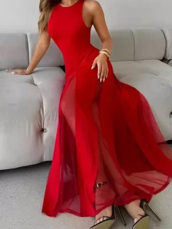Party Dress Maxi Orange Jewel Neck Pleated Sleeveless Elegant Semi Formal Dress