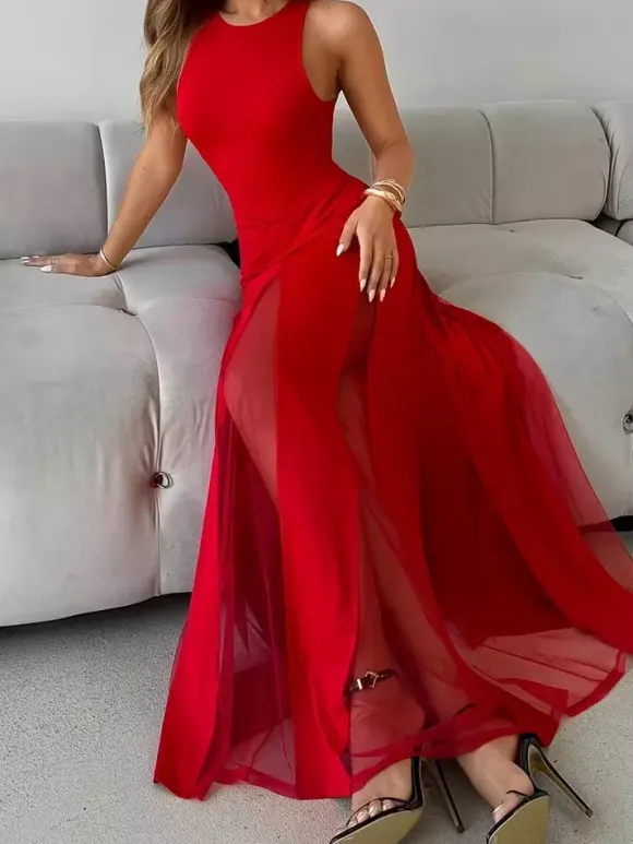 Party Dress Maxi Orange Jewel Neck Pleated Sleeveless Elegant Semi Formal Dress