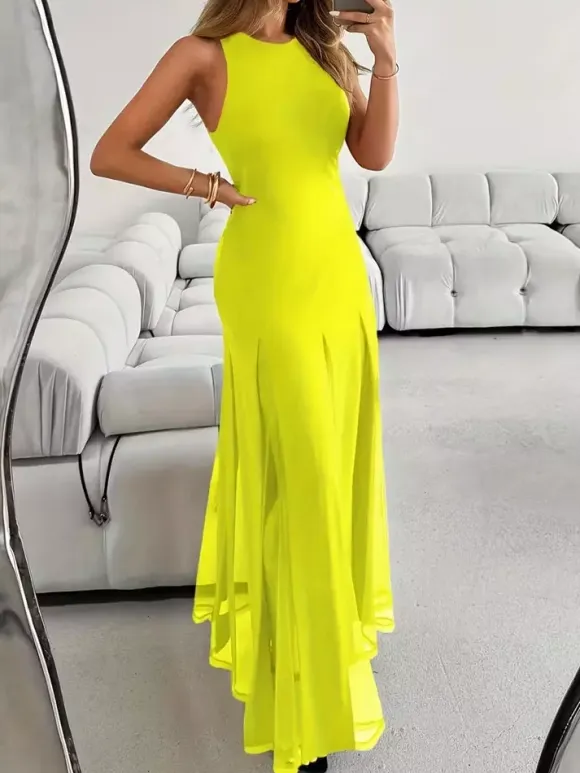 Party Dress Maxi Orange Jewel Neck Pleated Sleeveless Elegant Semi Formal Dress