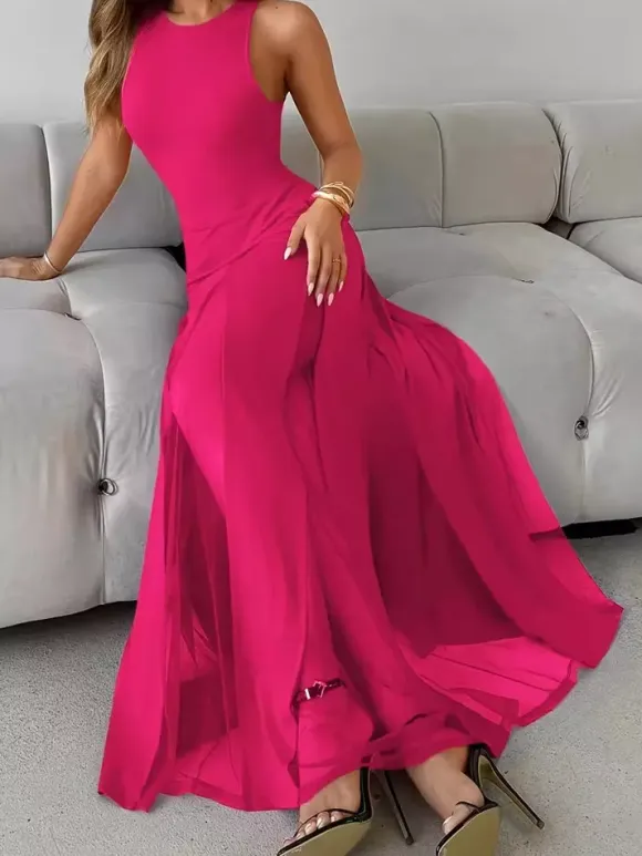Party Dress Maxi Orange Jewel Neck Pleated Sleeveless Elegant Semi Formal Dress