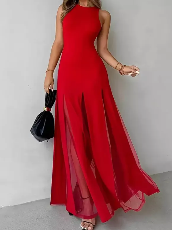 Party Dress Maxi Orange Jewel Neck Pleated Sleeveless Elegant Semi Formal Dress