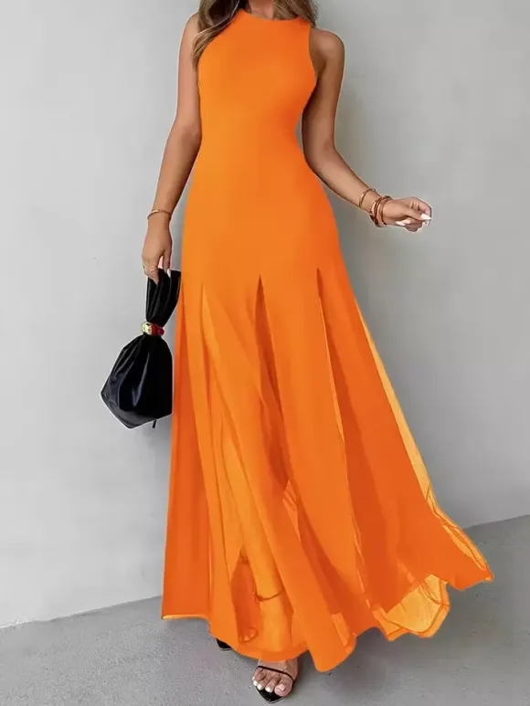 Party Dress Maxi Orange Jewel Neck Pleated Sleeveless Elegant Semi Formal Dress
