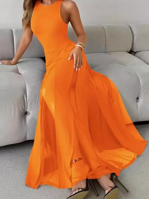Party Dress Maxi Orange Jewel Neck Pleated Sleeveless Elegant Semi Formal Dress