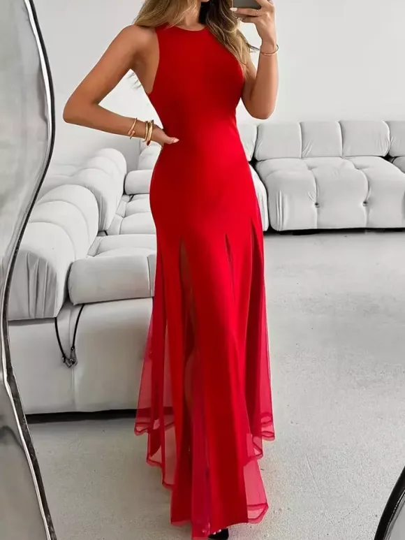 Party Dress Maxi Orange Jewel Neck Pleated Sleeveless Elegant Semi Formal Dress