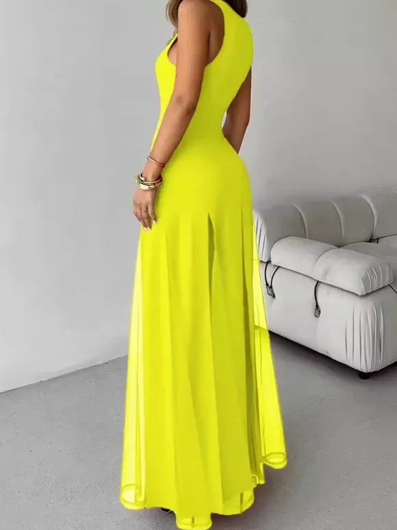 Party Dress Maxi Orange Jewel Neck Pleated Sleeveless Elegant Semi Formal Dress