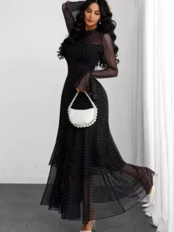 Party Dress Maxi Red High Collar Ruffles Long Sleeves Polka Dot Flared Sleeves Sweet Dress