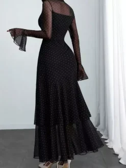 Party Dress Maxi Red High Collar Ruffles Long Sleeves Polka Dot Flared Sleeves Sweet Dress