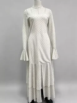 Party Dress Maxi Red High Collar Ruffles Long Sleeves Polka Dot Flared Sleeves Sweet Dress