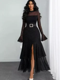 Party Dress Maxi Red High Collar Ruffles Long Sleeves Polka Dot Flared Sleeves Sweet Dress