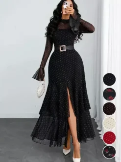 Party Dress Maxi Red High Collar Ruffles Long Sleeves Polka Dot Flared Sleeves Sweet Dress