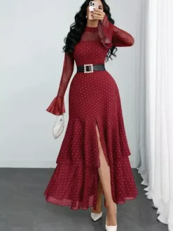 Party Dress Maxi Red High Collar Ruffles Long Sleeves Polka Dot Flared Sleeves Sweet Dress