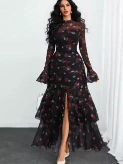 Party Dress Maxi Red High Collar Ruffles Long Sleeves Polka Dot Flared Sleeves Sweet Dress