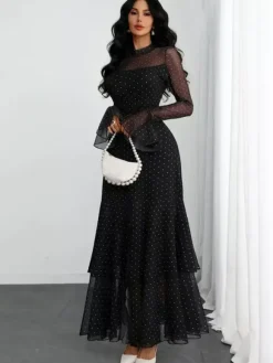 Party Dress Maxi Red High Collar Ruffles Long Sleeves Polka Dot Flared Sleeves Sweet Dress