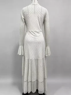 Party Dress Maxi Red High Collar Ruffles Long Sleeves Polka Dot Flared Sleeves Sweet Dress
