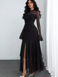 Party Dress Maxi Red High Collar Ruffles Long Sleeves Polka Dot Flared Sleeves Sweet Dress