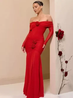 Party Dress Maxi Red Off-The-Shoulder Pleated Long Sleeves Clothes Elegant Semi Formal Dress