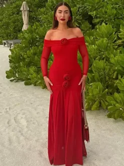 Party Dress Maxi Red Off-The-Shoulder Pleated Long Sleeves Clothes Elegant Semi Formal Dress
