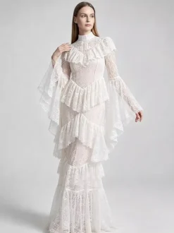Party Dress Maxi White Stand Collar Lace Long Sleeves Shaping Flared Sleeves Chic Semi Formal Dress
