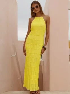 Party Dress Maxi Yellow Halter Pleated Sleeveless Backless Elegant Semi Formal Dress