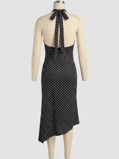 Party Dress Midi Black Halter Sleeveless Polka Dot Semi Formal Summer Dress
