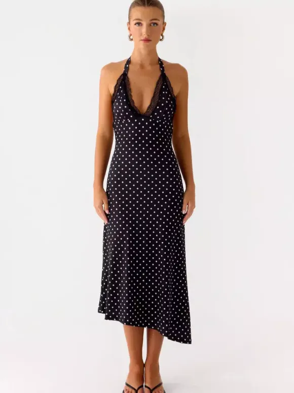 Party Dress Midi Black Halter Sleeveless Polka Dot Semi Formal Summer Dress