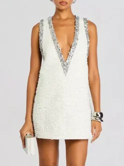 Party Dress Mini Gold V-Neck Sequins Sleeveless Sexy Semi Formal Dress