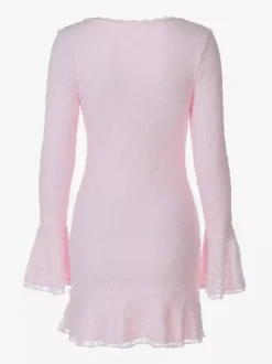 Party Dress Mini Pink V-Neck Lace Long Sleeves Pleated Sweet Semi Formal Dress