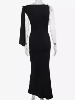 Party Dresses Black Cream Off Shoulder Mermaid Maxi Dress Sash Tie Long Sleeve Evening Gown