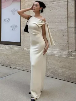 Party Dresses Black Cream Off Shoulder Mermaid Maxi Dress Sash Tie Long Sleeve Evening Gown