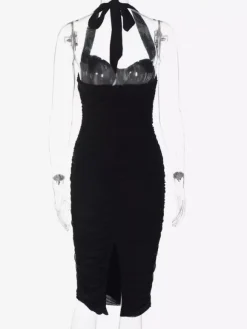 Party Dresses Black Halter Sweetheart Ruched Split Midi Dress Night Club City Outfit