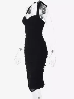 Party Dresses Black Halter Sweetheart Ruched Split Midi Dress Night Club City Outfit