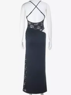 Party Dresses Black Lace Cutout Spaghetti Strap Maxi Dress Side Hollow Slit Back Cross Straps Mermaid Party Gown