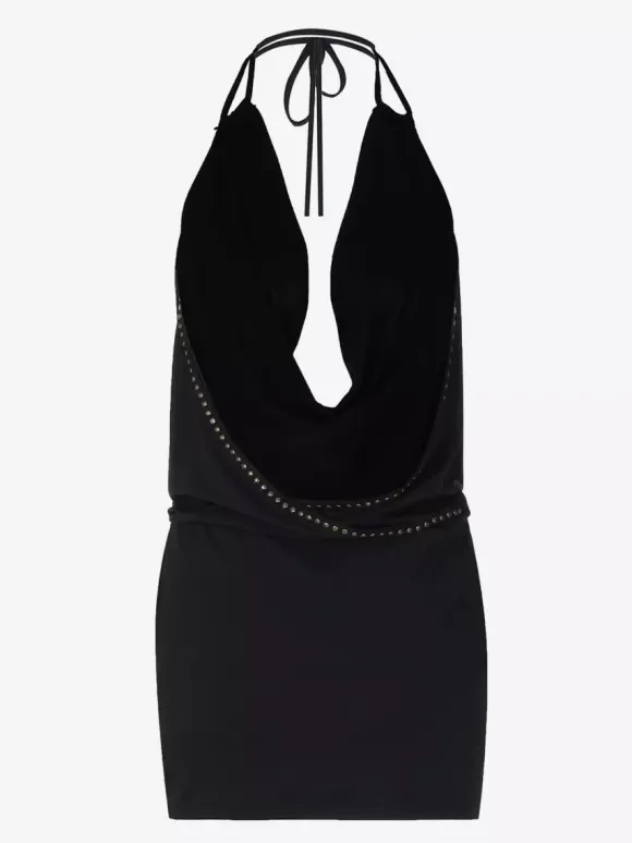 Party Dresses Black Rivet Trim Halter Open Back Bodycon Mini Dress Nightclub Party Outfit