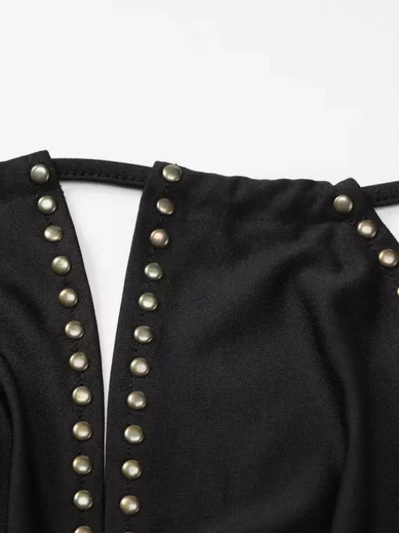 Party Dresses Black Rivet Trim Halter Open Back Bodycon Mini Dress Nightclub Party Outfit