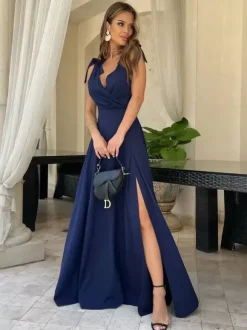 Party Dresses Black V-Neck Lace Up Sleeveless High-slit Semi Formal Dress