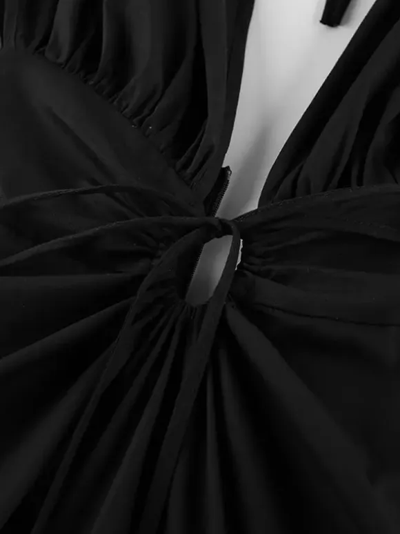 Party Dresses Deep V Drawstring Waist Open Back Maxi Dress Short Sleeve Flowy Vacation Gown