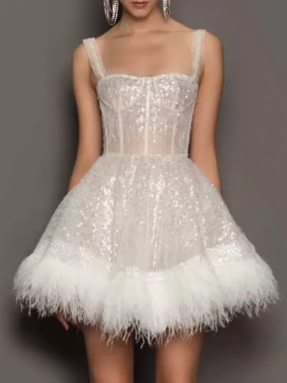 Party Dresses Ecru White Straps Neck Sequins Sleeveless Sheer Mini Dress