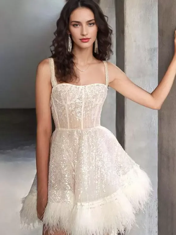 Party Dresses Ecru White Straps Neck Sequins Sleeveless Sheer Mini Dress