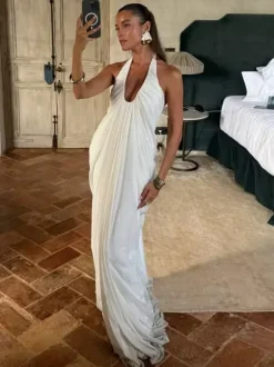 Party Dresses Halter Deep V Pleated Draped Maxi Dress Backless Flowy Evening Gown