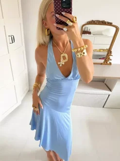 Party Dresses Halter V Neck Midi Dress Back Tie Asymmetric Ruffle Hem Slim Summer Party Dress