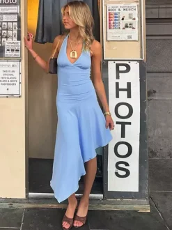 Party Dresses Halter V Neck Midi Dress Back Tie Asymmetric Ruffle Hem Slim Summer Party Dress