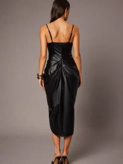 Party Dresses Midi Black Cowl Neck Pleated Sleeveless Semi Formal Bodycon Dress