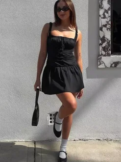 Party Dresses Mini White Straps Neck Lace Up Sleeveless Pleated Casual Semi Formal Dress