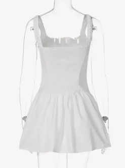 Party Dresses Mini White Straps Neck Lace Up Sleeveless Pleated Casual Semi Formal Dress