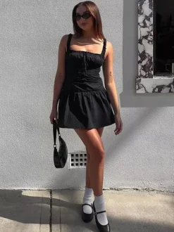 Party Dresses Mini White Straps Neck Lace Up Sleeveless Pleated Casual Semi Formal Dress