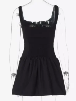 Party Dresses Mini White Straps Neck Lace Up Sleeveless Pleated Casual Semi Formal Dress