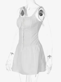 Party Dresses Mini White Straps Neck Lace Up Sleeveless Pleated Casual Semi Formal Dress