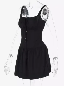 Party Dresses Mini White Straps Neck Lace Up Sleeveless Pleated Casual Semi Formal Dress